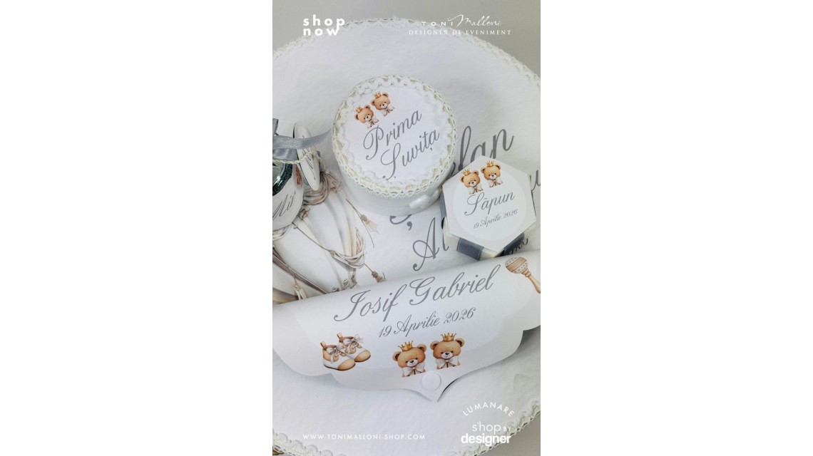 Trusou botez cu balon de aer cald baroc alb și ursuleți 1